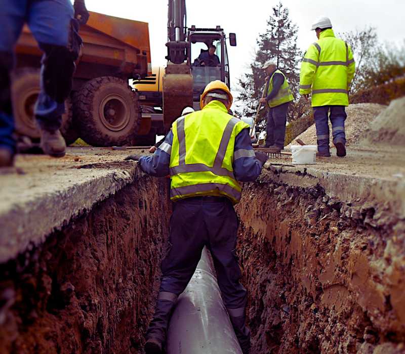 Chantier de raccordement aux réseaux avec tranchée et canalisation